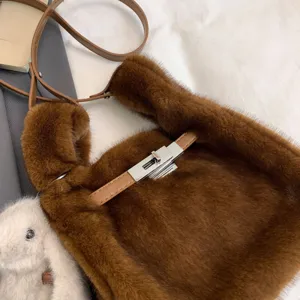 Chic brown plush shoulder bag with metal turn-lock closure, soft faux fur top-handle handbag.