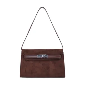 Bolso de hombro retro de ante marrón para mujer, elegante bolso estilo Kelly con cierre metálico.