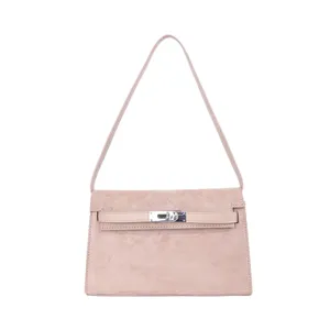 Bolso de hombro de ante retro con cierre clásico, elegante bolso de mano rosa informal.
