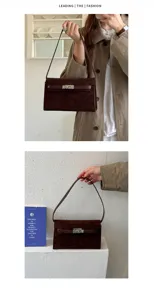 Bolso Kelly de ante marrón retro con cierre metálico, elegante bolso de hombro estilo coreano.