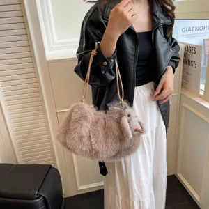 Plush shoulder bag for women fluffy cloud handbag cute animal charm soft casual tote bag