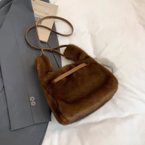 Korean style brown plush shoulder bag with leather strap, casual fashion large capacity handbag.
