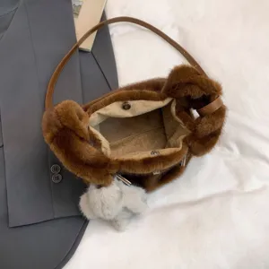 Korean style brown plush shoulder bag, cute soft fuzzy handbag for women, large capacity tote.