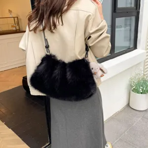Stylish black faux fur shoulder bag, fluffy cloud crossbody bag for women, commuter daily casual purse.