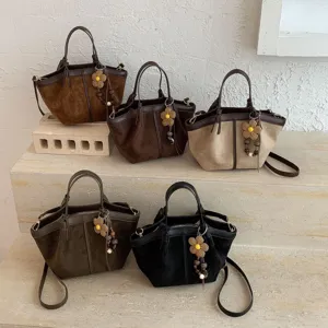 Vintage Faux Suede Pleated Tote Bag Women Minimalist Commuting Handbag Casual Solid Color Shoulder Bag With Pendant