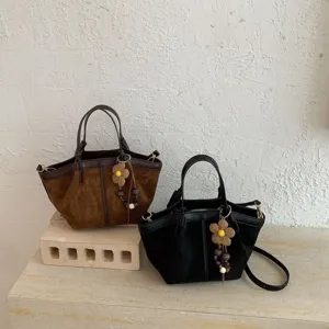 Retro suede pleated tote bag fashion wing handbag versatile casual shoulder bag for women