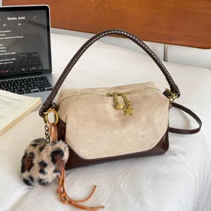 Women Suede Shoulder Bag Large Capacity Crossbody Pillow Bag Casual Fashion Commuting Handbag With Pendant