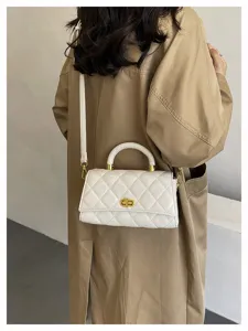 Borsa a tracolla trapuntata bianca minimalista retrò con manico e chiusura dorata per donna moda