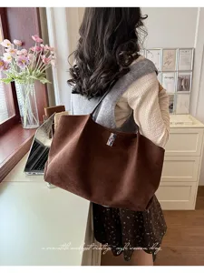Korean vintage brown suede tote bag casual commuting shoulder bag for women large capacity
