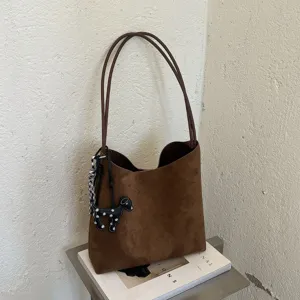 Women Suede Bucket Bag Leopard Print Retro Commuter Handbag Casual Patchwork Shoulder Bag With Pouch