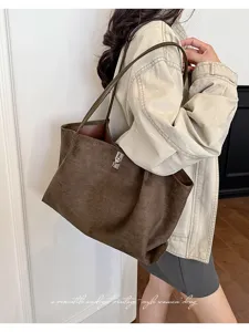 Korean style vintage suede tote bag for women large capacity casual shoulder underarm bag
