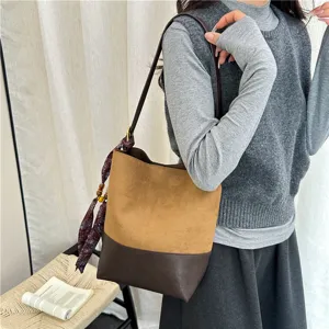 Κορεάτικη ρετρό τσάντα bucket σουέτ patchwork ώμου casual καθημερινή λεπτομέρεια