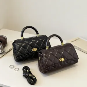 Borsa a tracolla trapuntata retrò con manico, elegante borsa in pelle PU con serratura.