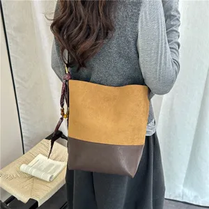 Korean vintage τσάντα bucket σουέτ block χρώματος casual γυναικεία τσάντα ώμου δερμάτινη