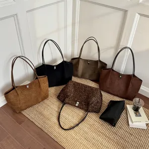 Korean style minimalist suede tote bag large capacity retro casual commuting shoulder bag