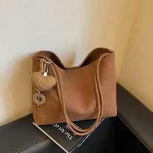 Vintage brown suede tote bag for women, large capacity casual shoulder bag with cute knit heart charm.