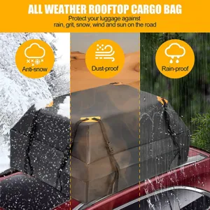 Gedetailleerd overzicht van de waterdichte daktas met complete all-weather bescherming.