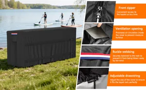 Detail view of waterproof outdoor kayak rack cover featuring durable zipper and ventilation.