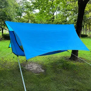 Outdoor camping hammock tent with tarp, multi-functional mosquito net hanging bed for hiking.