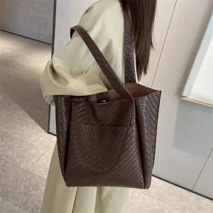 Womens Fashion Woven Tote Bag Large Capacity PU Leather Casual Commuter Shoulder Handbag For Daily Work Travel