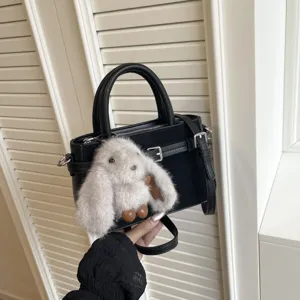 Retro Minimalist Suede PU Leather Handbag Women Casual Crossbody Shoulder Bag Small Square Bag With Cute Plush Rabbit Pendant