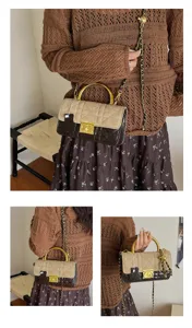 Detailansicht einer gesteppten Vintage-Handtasche mit Kette und elegantem goldenen Henkel.