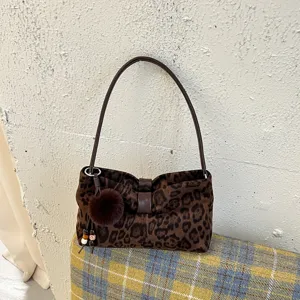 Retro luipaardprint schoudertas voor dames, chique casual handtas met pluche pompon.
