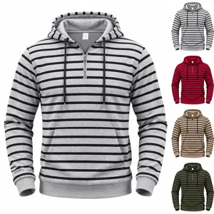 Herren lässiger gestreifter Hoodie mit halbem Reißverschluss und Rippbündchen für Alltag.