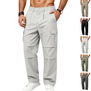 Detailed view of men's loose cargo pants featuring multi-pockets and straight leg design.
