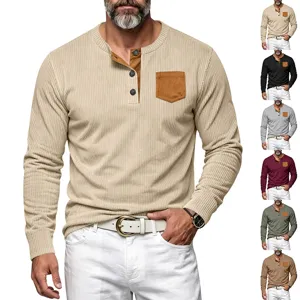 Camisa Henley de Manga Larga de Corduroy Casual para Hombre Color Sólido Slim Fit Vintage Retro Tops Con Bolsillo