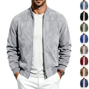 Men's Casual Suede Stand Collar Zipper Jacket Solid Color Patchwork Long Sleeve Bomber Outwear Spring Autumn Top