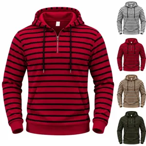 Herren Vintage Gestreifter Kapuzenpullover Gefüttert Thermisch Halb Reißverschluss Langarm Lässiger Pullover Hoodie Top