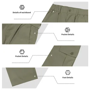 Close-up details of men's casual cargo pants waistband, multi pockets, and straight leg cuffs.