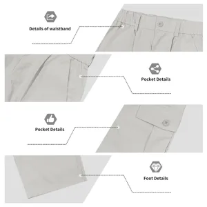 Men's casual cargo pants detail view showing waistband, multiple pockets, and hem finish.