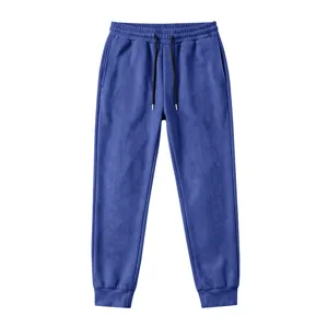 Blue mens fleece sweatpants with elastic drawstring waist and cuffed hem details.