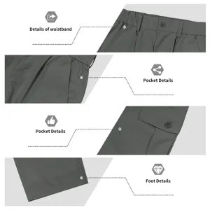 Close-up details of men's casual cargo pants, showing waistband, pockets, and cuffs clearly.