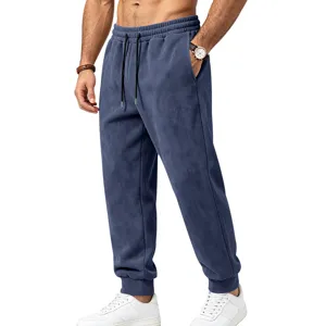 Men's suede-feel sweatpants casual fleece-lined jogger trousers with elastic drawstring