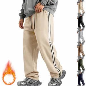 Men's Heavyweight Fleece Lined Sweatpants Loose Casual Drawstring Joggers With Contrast Side Stripe Winter Warm Polyester Tracksuit Bottoms