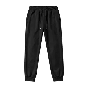 Men black fleece sweatpants detail view, casual jogger pants with elastic drawstring waist.