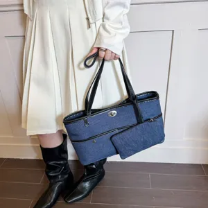 Γυναικεία Τσάντα Tote Denim Casual Patchwork Τσάντα Ώμου Με Κλείσιμο Περιστροφής Μεγάλη χωρητικότητα Τσάντα Χεριού Με Θήκη