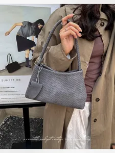 Graue geflochtene Leder Schultertasche minimalistische Vintage Achseltasche für Damen Mode