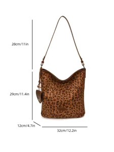 Detailed view of the leopard print suede shoulder bag, highlighting dimensions and texture.