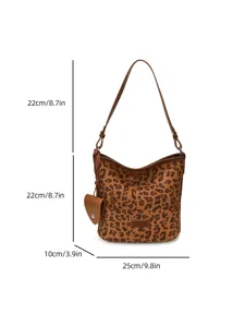 Stylish leopard print bucket bag, vintage faux suede shoulder bag with adjustable strap.