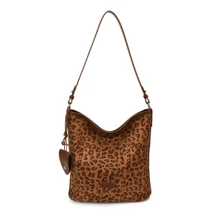 Leopard print hobo shoulder bag, stylish vintage suede bucket bag with strap detail