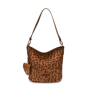 Vintage leopard print bucket shoulder bag, chic suede hobo bag, casual brown crossbody bag.