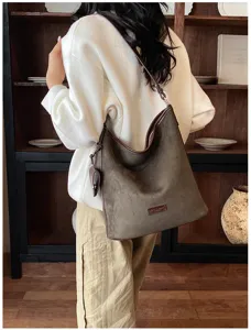 Suede hobo shoulder bag retro bucket bag casual commuter crossbody bag for daily fashion
