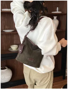 Dark green suede shoulder bag, vintage hobo bucket bag for women, stylish daily commuter handbag.