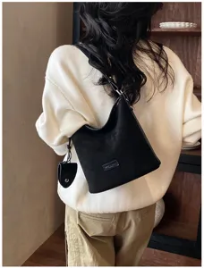 Black suede shoulder bucket bag retro commuter handbag versatile stylish crossbody bag for women