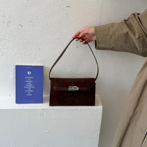 Bolso de hombro retro marrón de ante Kelly para mujer, bolso elegante con cierre de metal.