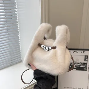 Korean style fluffy plush handbag for women, soft faux fur winter shoulder tote bag with metal lock.